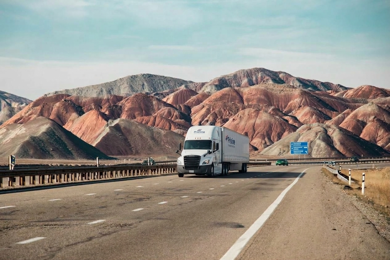 Home Pristine Transportation truck driving through the mountains